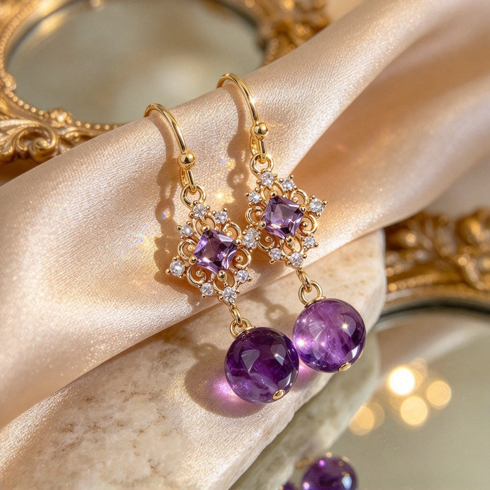 Elegant Amethyst Sphere Drop Earrings