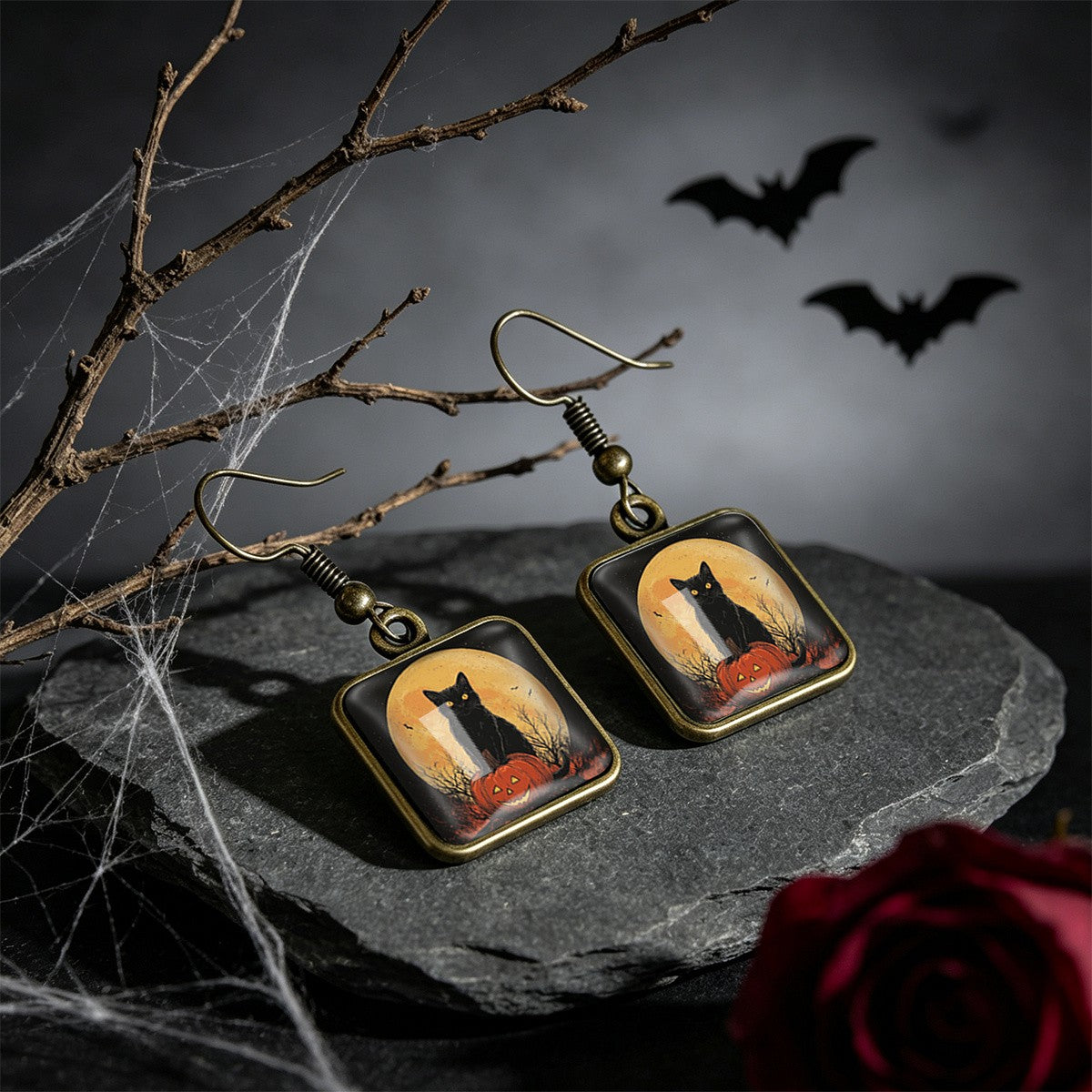 Vintage Halloween Black Cat Square Earrings