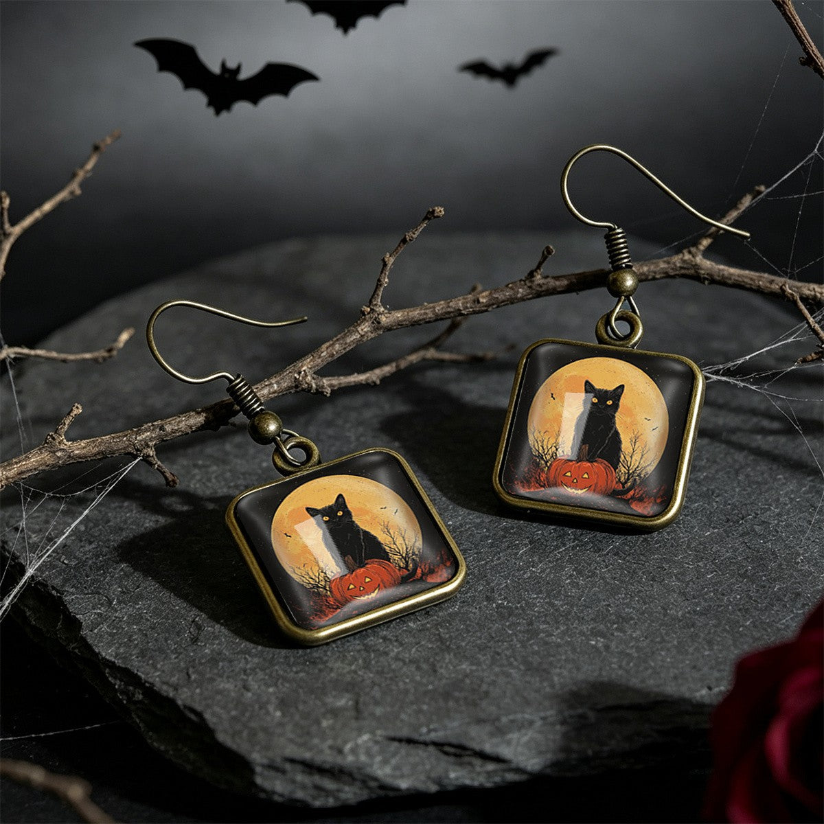 Vintage Halloween Black Cat Square Earrings