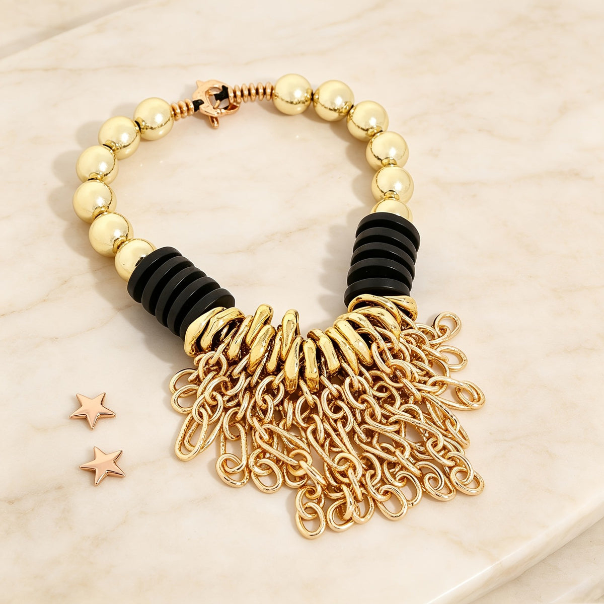 Boho Black Bead Chain Tassel Necklace