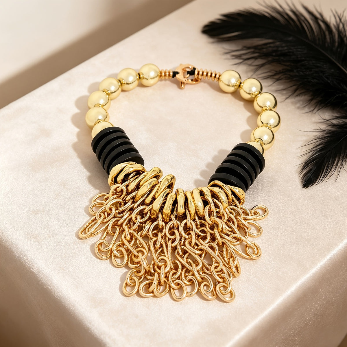 Boho Black Bead Chain Tassel Necklace