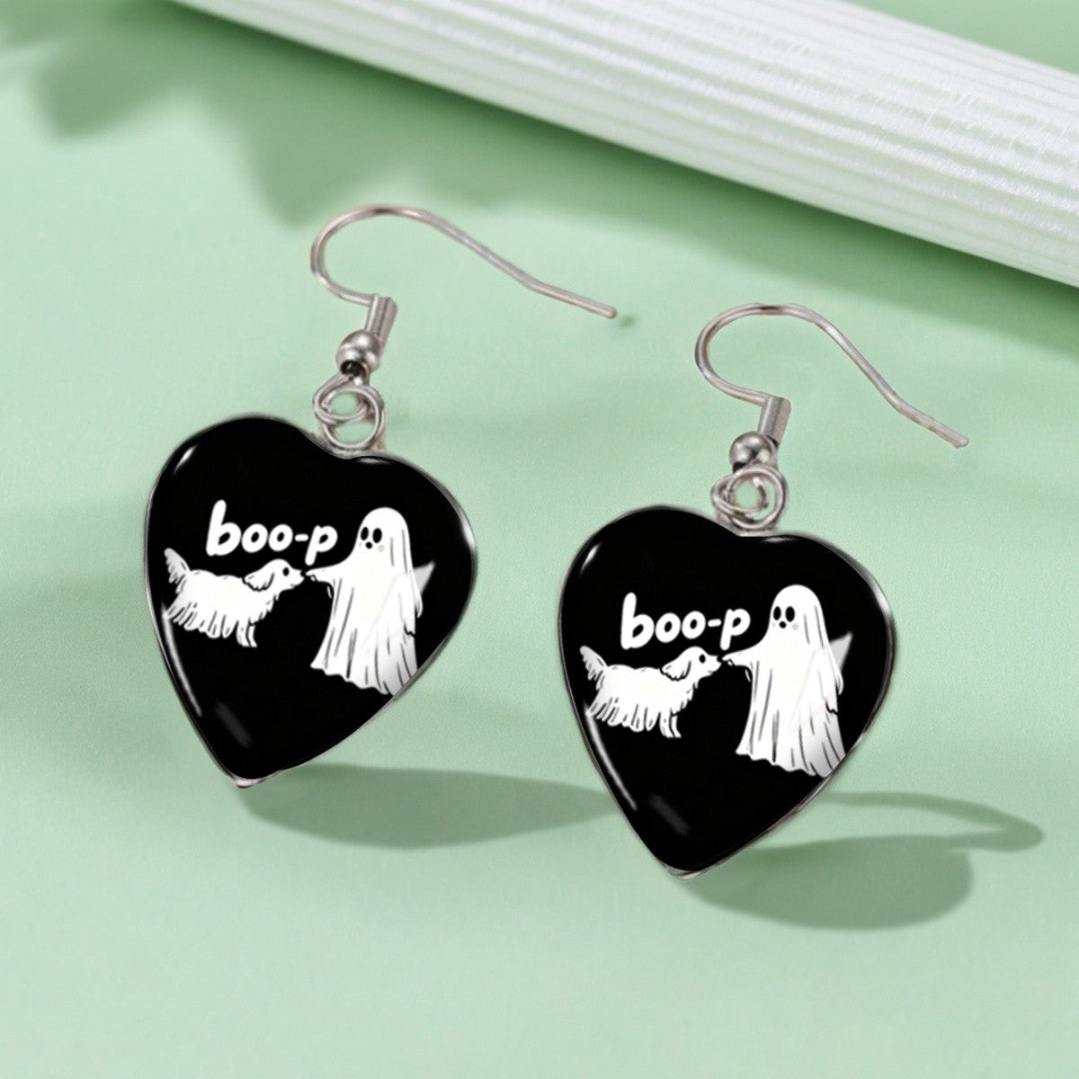 Cute Halloween Ghost Puppy Heart Earrings