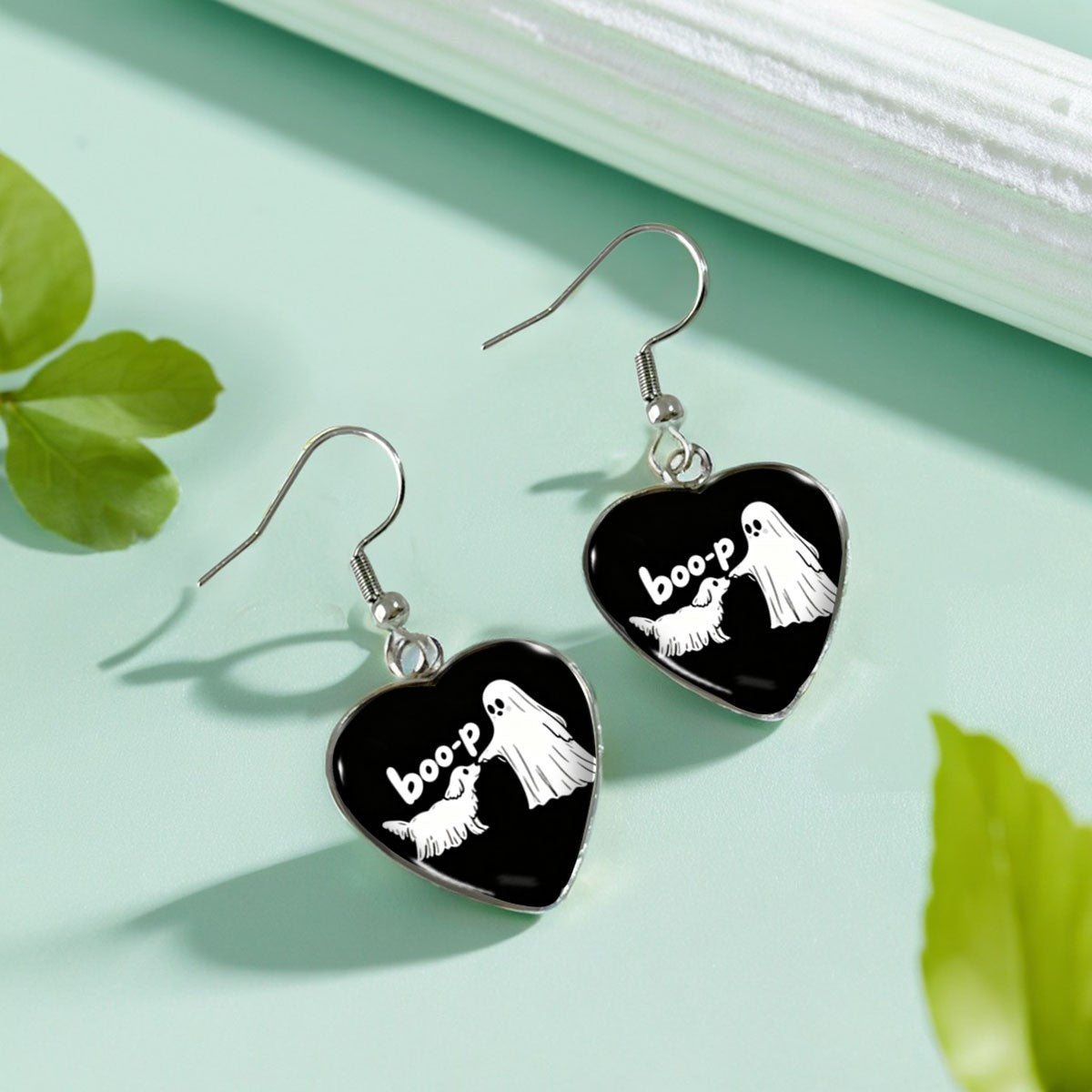 Cute Halloween Ghost Puppy Heart Earrings
