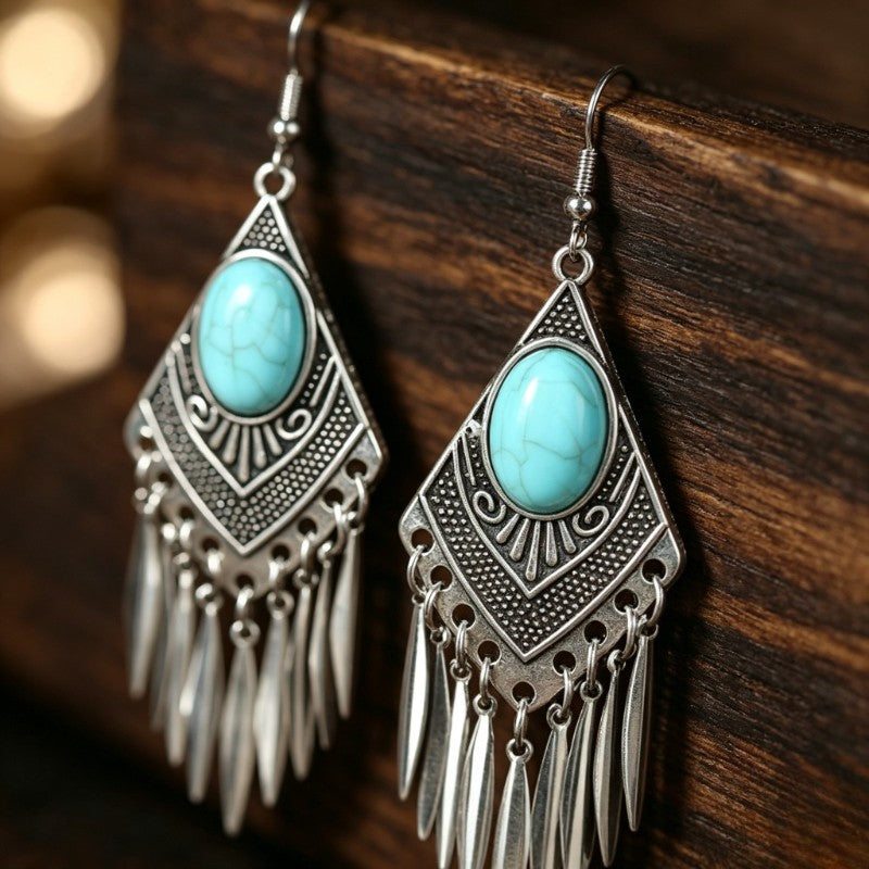 Boho Vintage Turquoise Rhombus Fringe Earrings