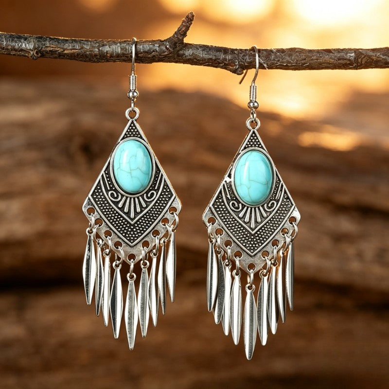 Boho Vintage Turquoise Rhombus Fringe Earrings