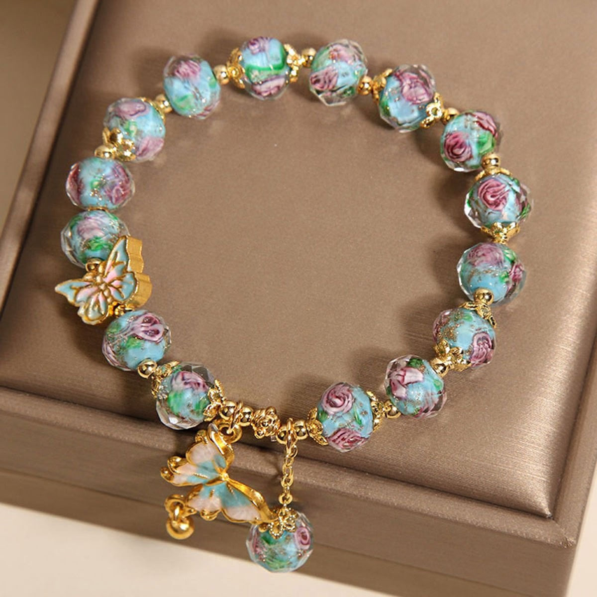 Boho Floral Rose Glass Bead Bracelet