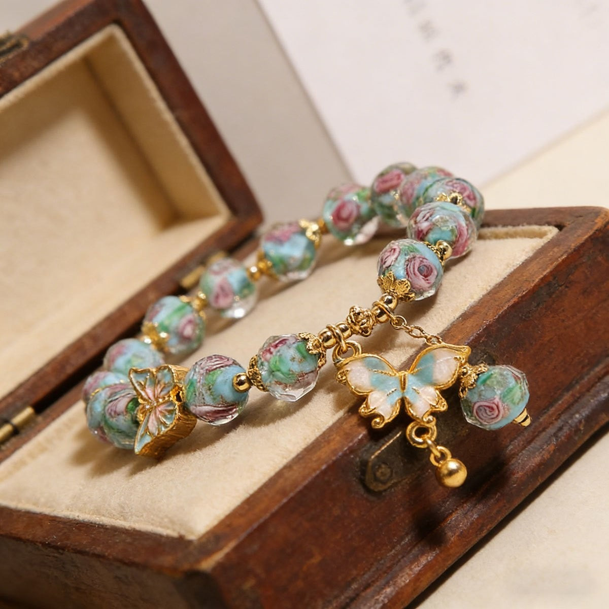 Boho Floral Rose Glass Bead Bracelet