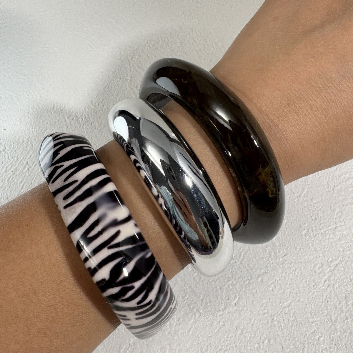 3pc Retro Zebra & Glossy Bangle Set