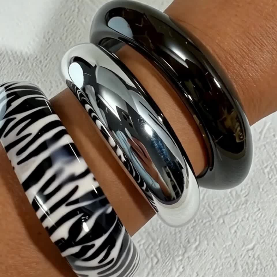 3pc Retro Zebra & Glossy Bangle Set