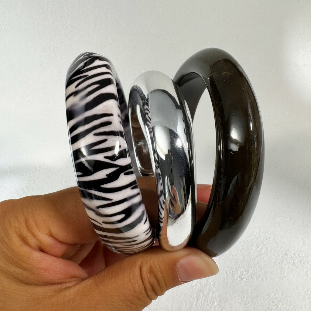 3pc Retro Zebra & Glossy Bangle Set
