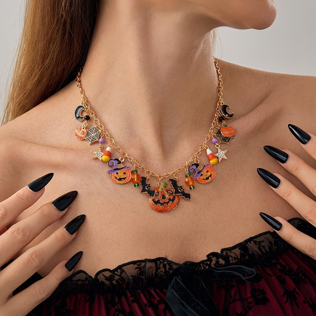 Spooky Pumpkin Bat Charm Necklace