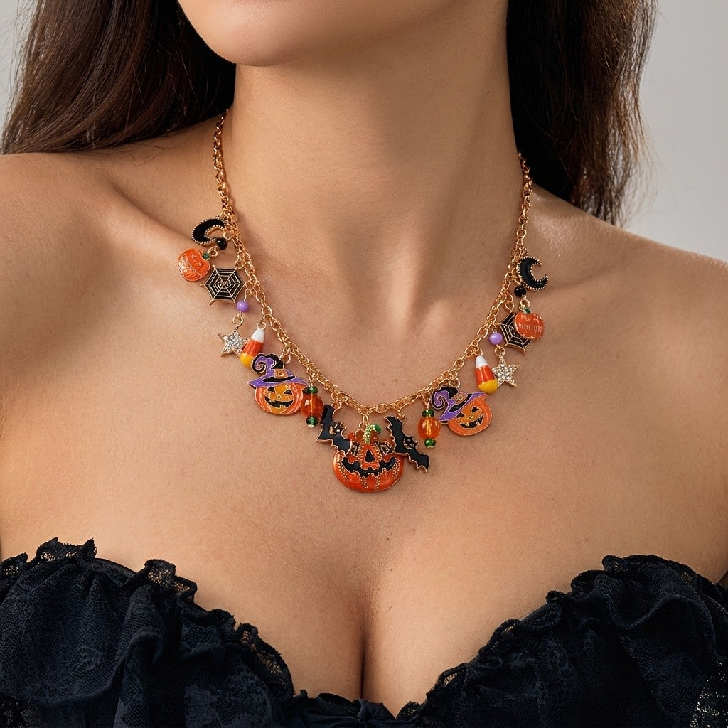 Spooky Pumpkin Bat Charm Necklace
