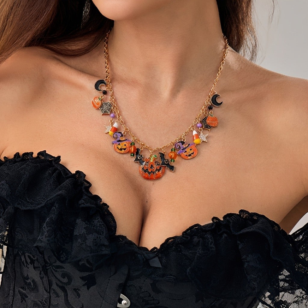 Spooky Pumpkin Bat Charm Necklace