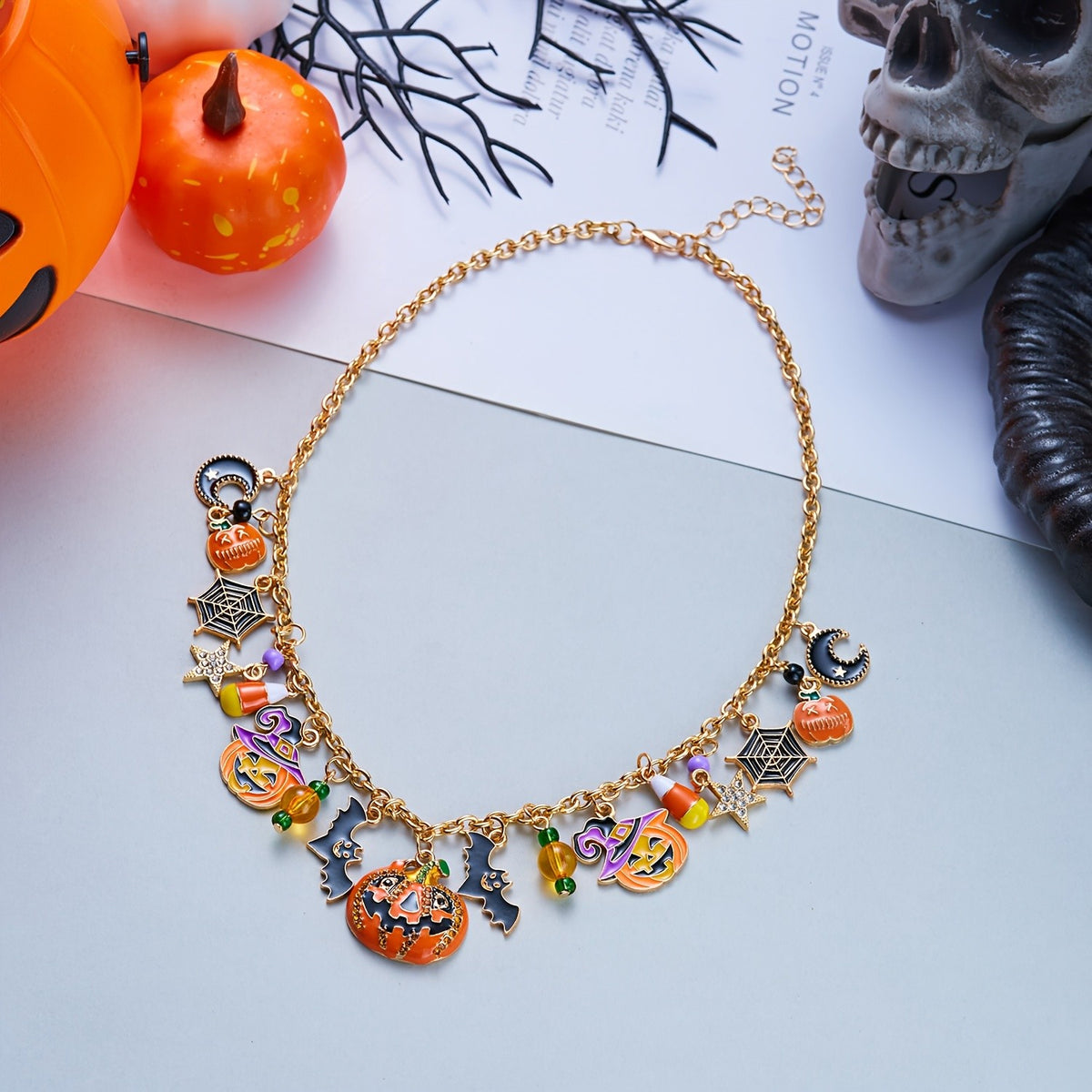 Spooky Pumpkin Bat Charm Necklace