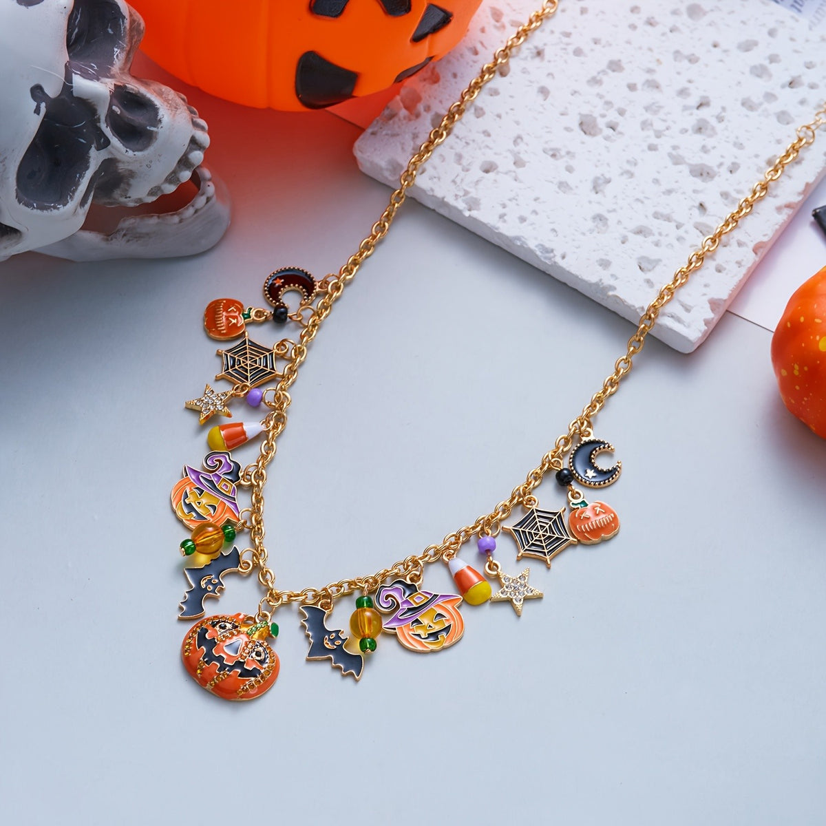 Spooky Pumpkin Bat Charm Necklace