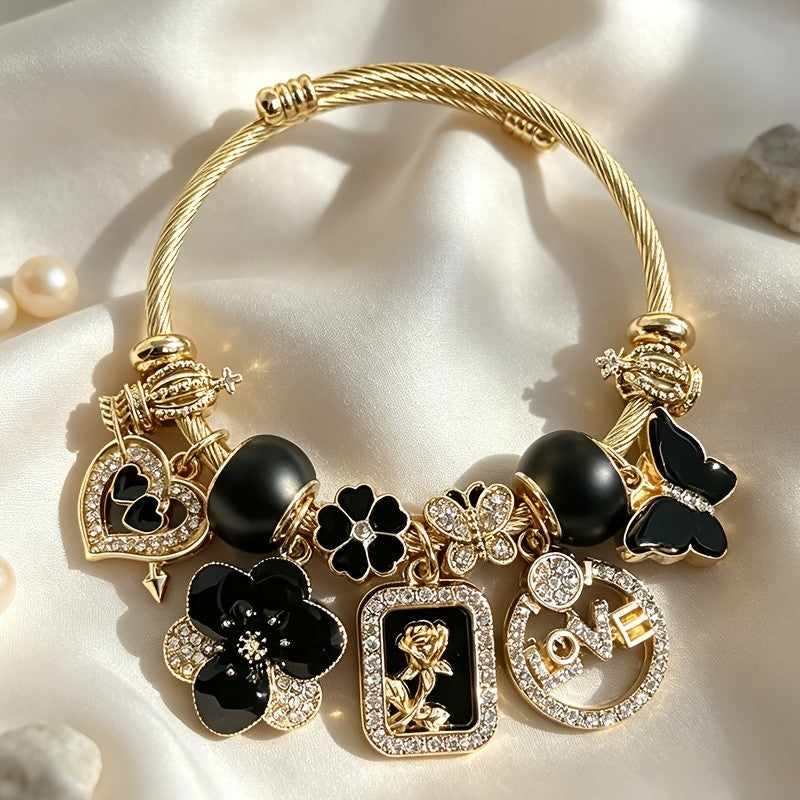Classy Black Floral Charm Bracelet