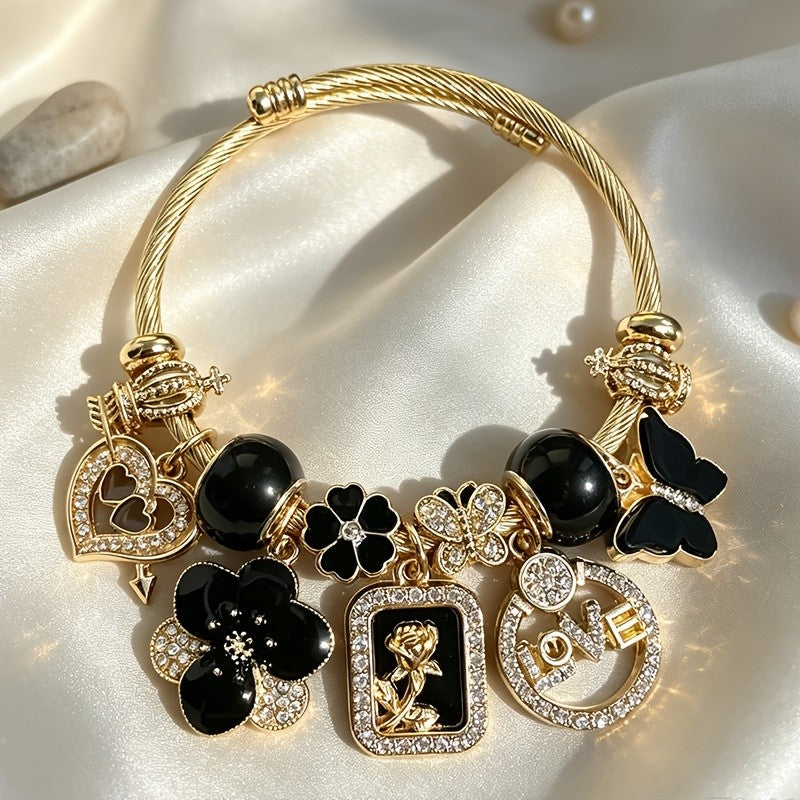 Classy Black Floral Charm Bracelet