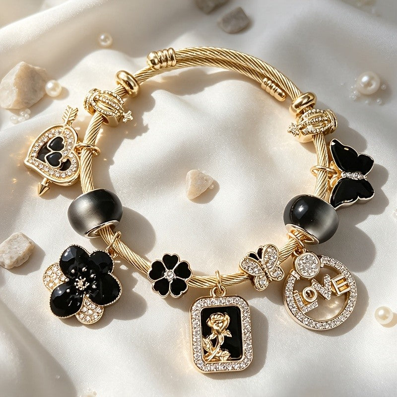 Classy Black Floral Charm Bracelet