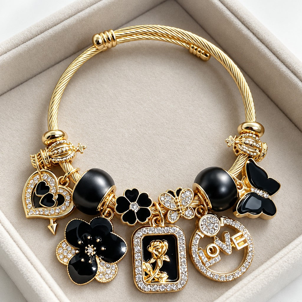 Classy Black Floral Charm Bracelet
