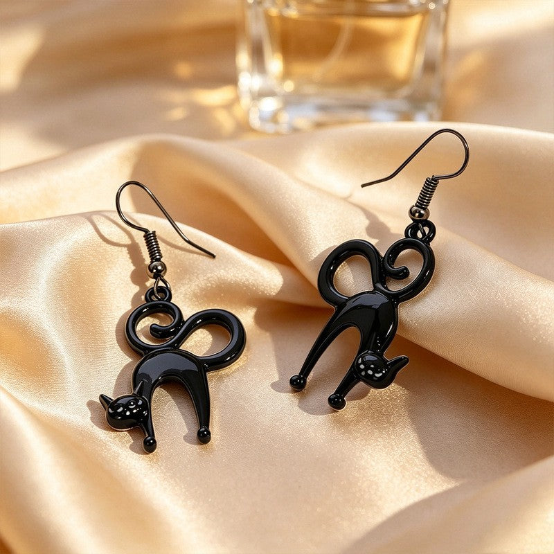 Playful Black Cat Drop Earrings