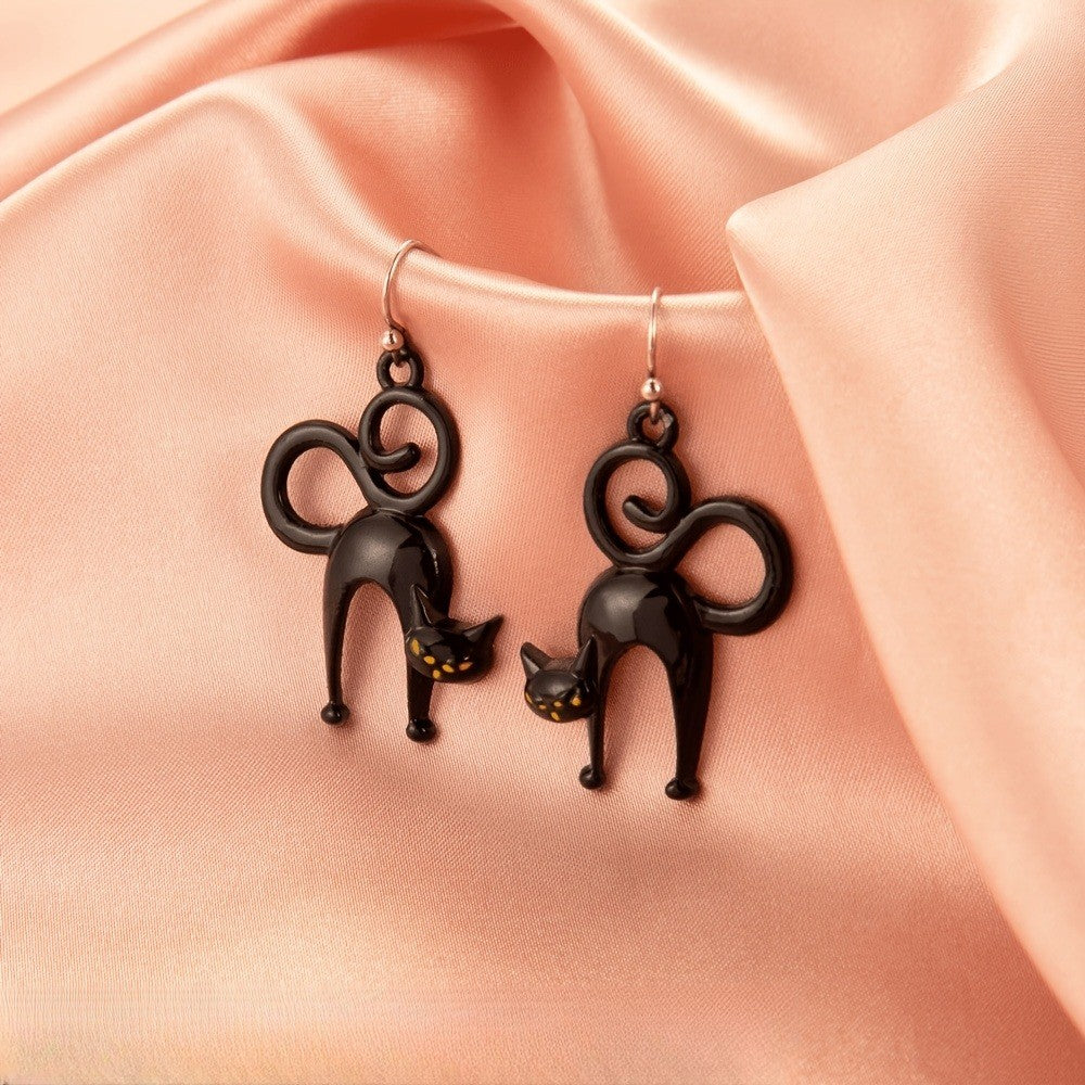 Playful Black Cat Drop Earrings