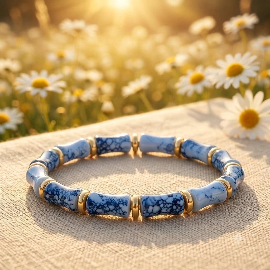 Boho Blue Porcelain Bamboo Stretch Bracelet