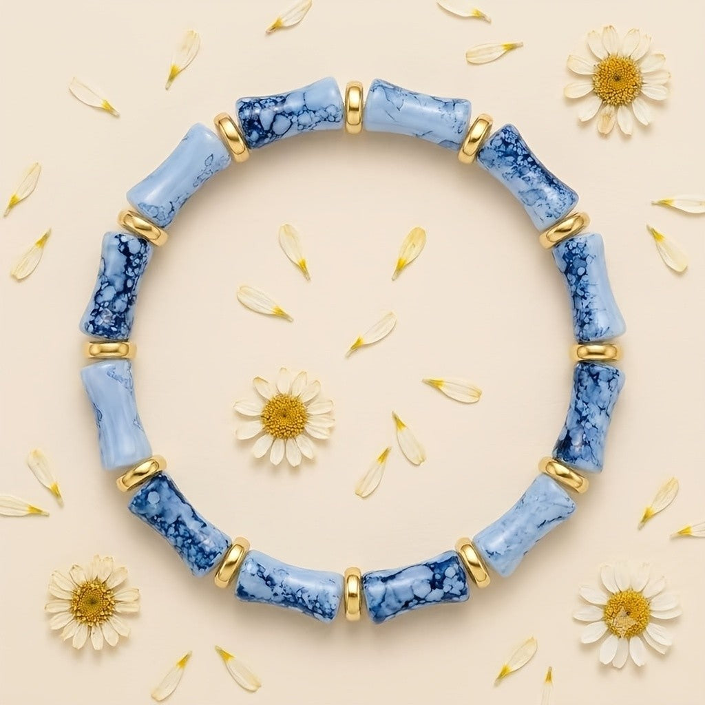 Boho Blue Porcelain Bamboo Stretch Bracelet