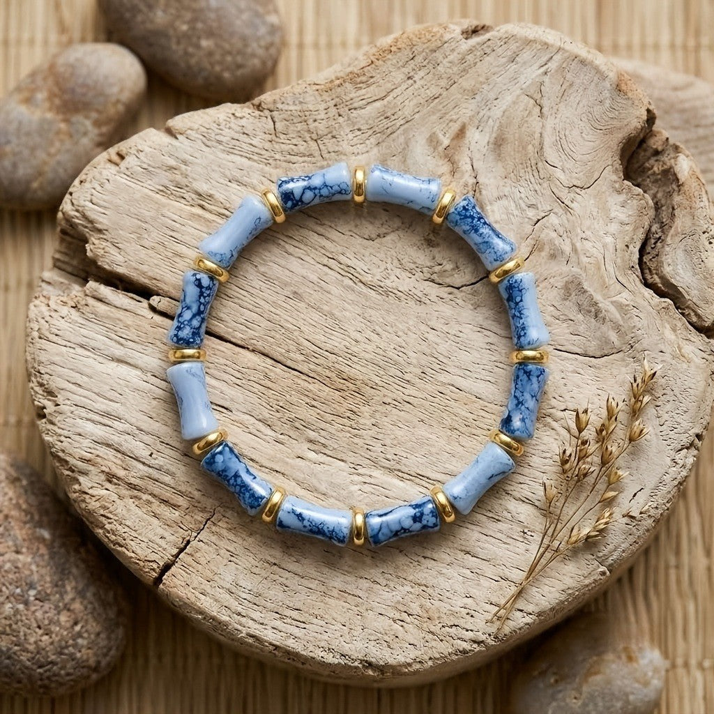 Boho Blue Porcelain Bamboo Stretch Bracelet