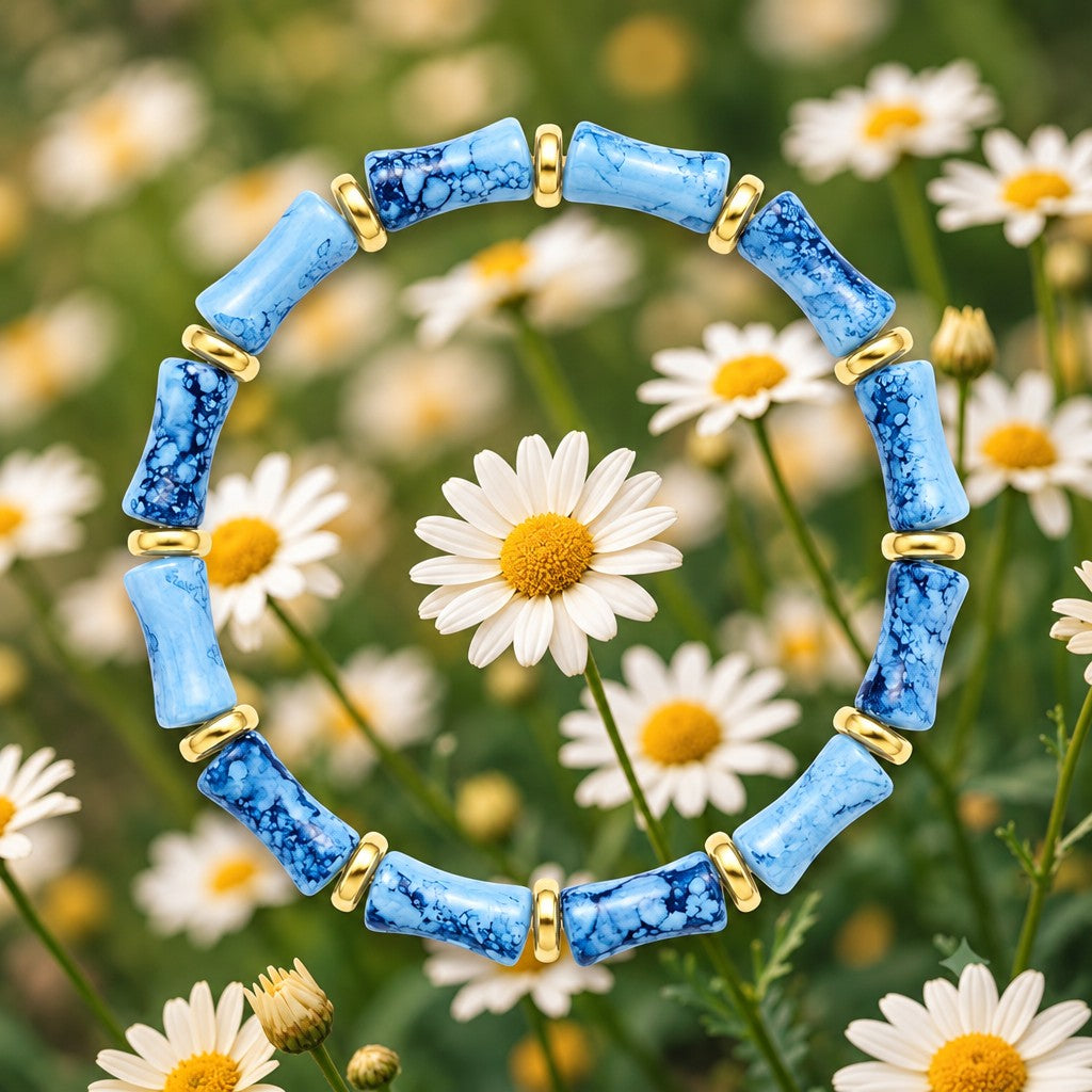 Boho Blue Porcelain Bamboo Stretch Bracelet