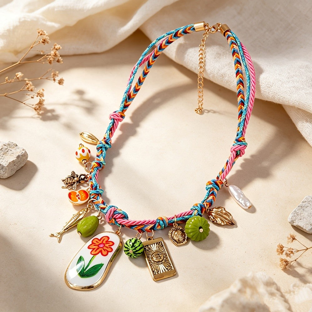 Boho Woven Fruit Charm Necklace