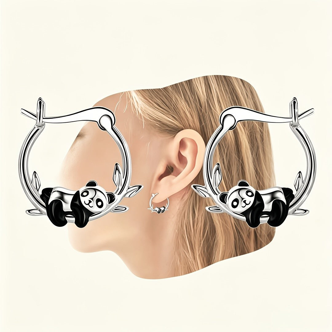 Cute Panda Bamboo Leaf Hoop Earrings