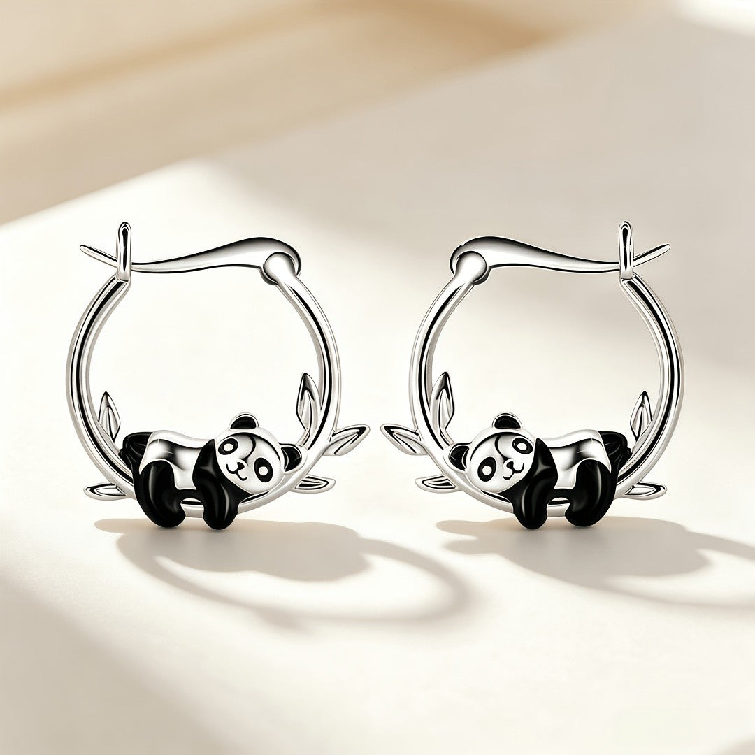 Cute Panda Bamboo Leaf Hoop Earrings