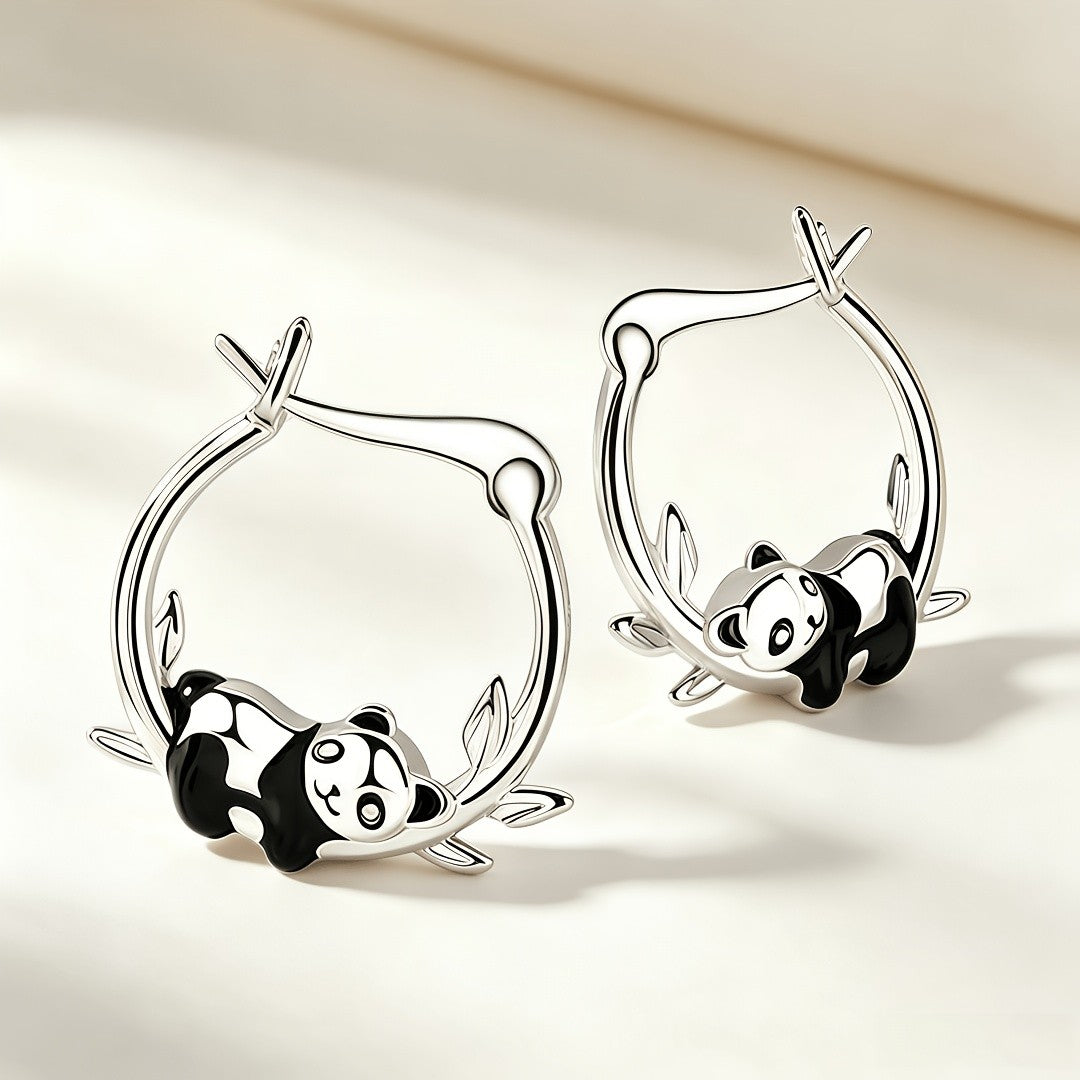 Cute Panda Bamboo Leaf Hoop Earrings