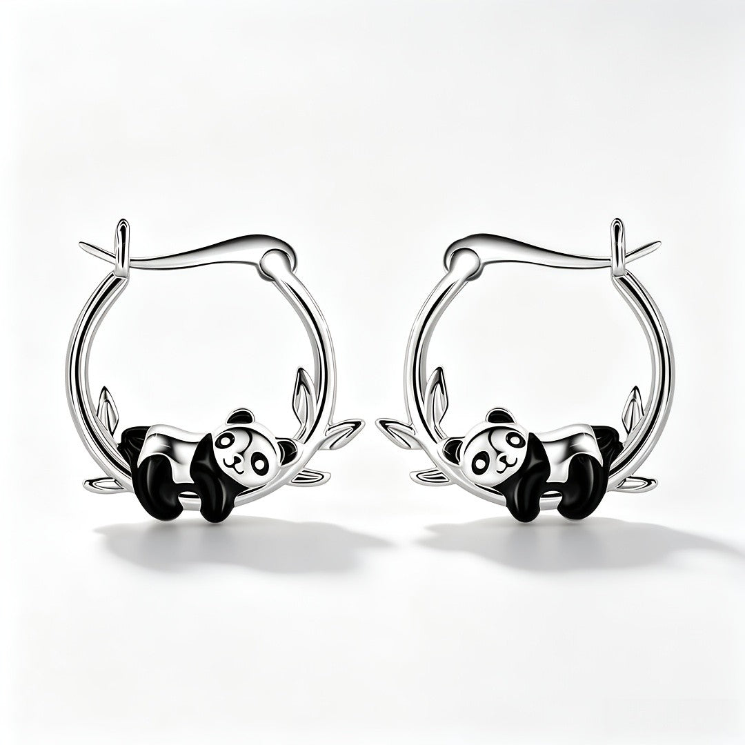 Cute Panda Bamboo Leaf Hoop Earrings