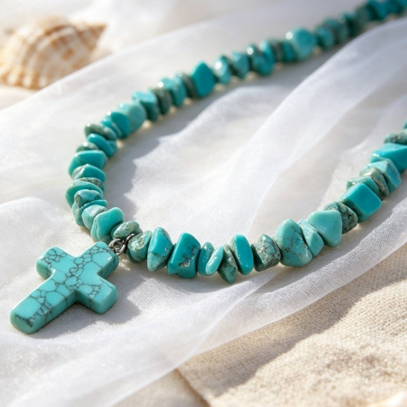 Boho Turquoise Chip Cross Necklace