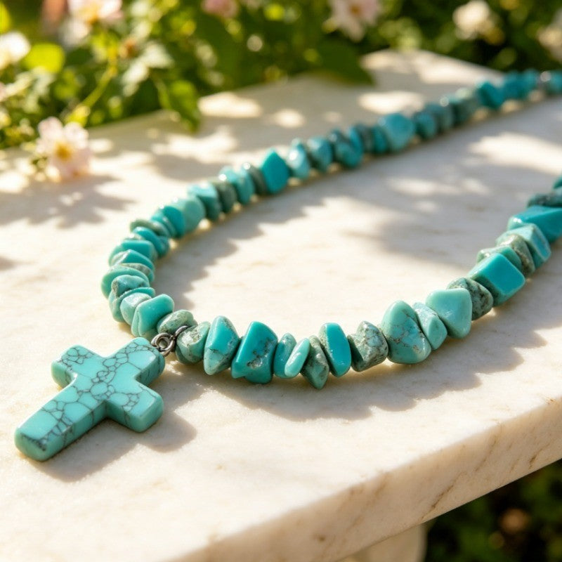 Boho Turquoise Chip Cross Necklace