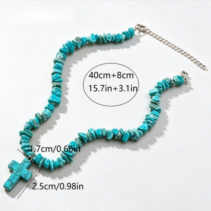 Boho Turquoise Chip Cross Necklace