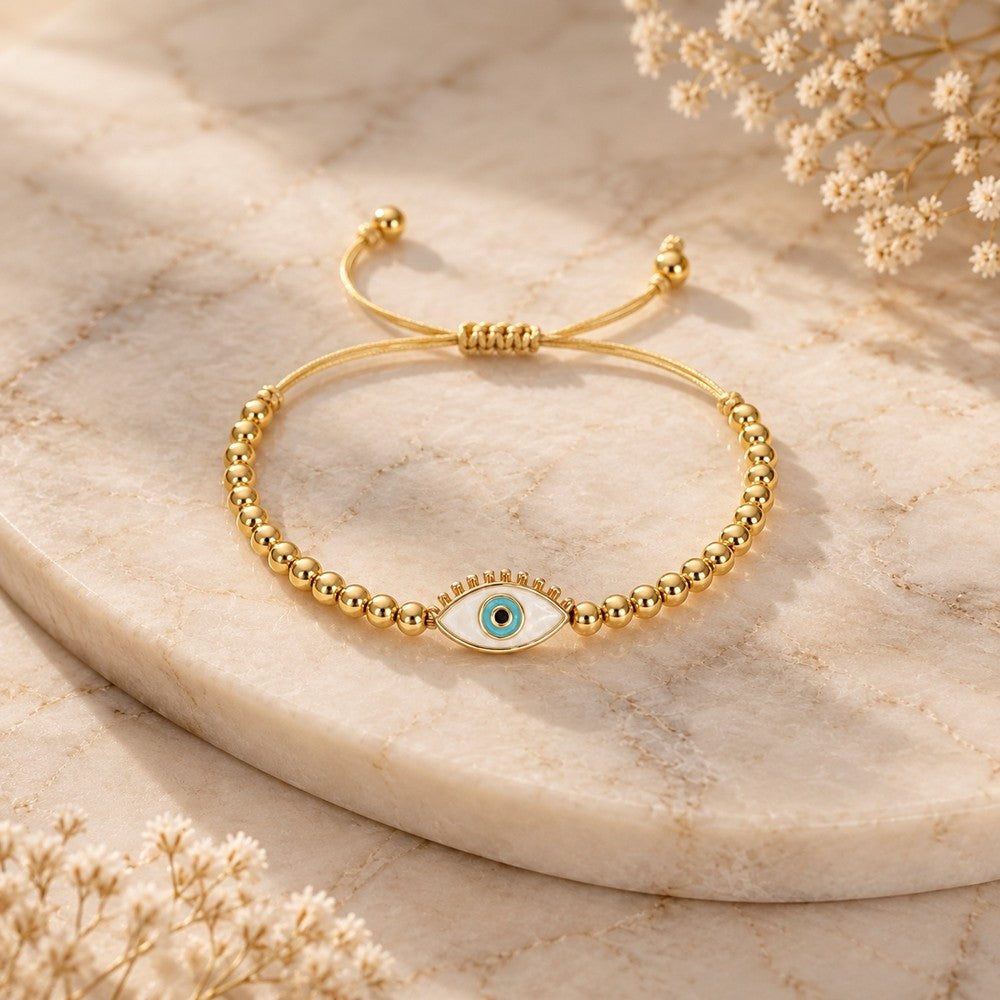 14k Dainty Evil Eye Beaded Bracelet
