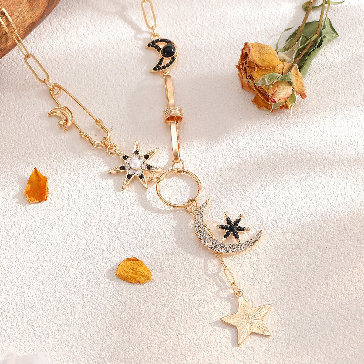 Boho Star Moon Safety Pin Necklace