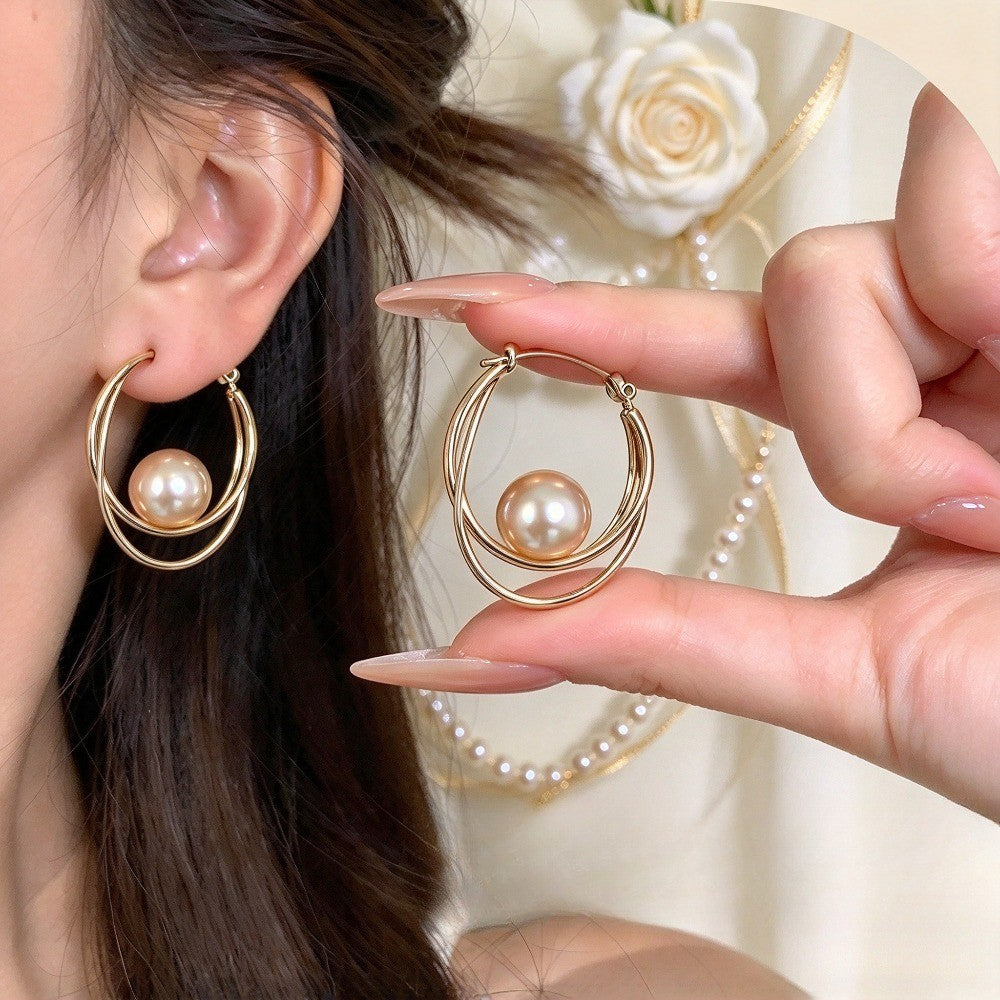 Classy French Double Hoop Faux Pearl Earrings