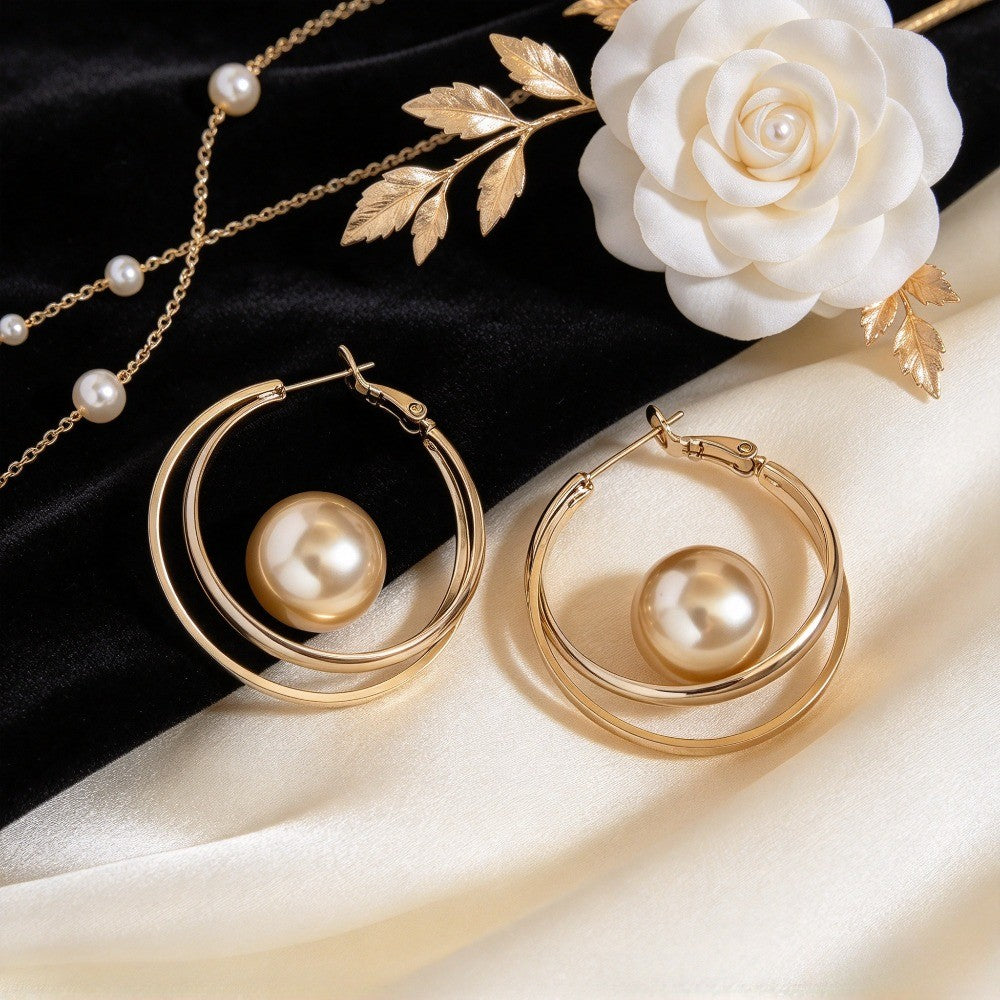 Classy French Double Hoop Faux Pearl Earrings