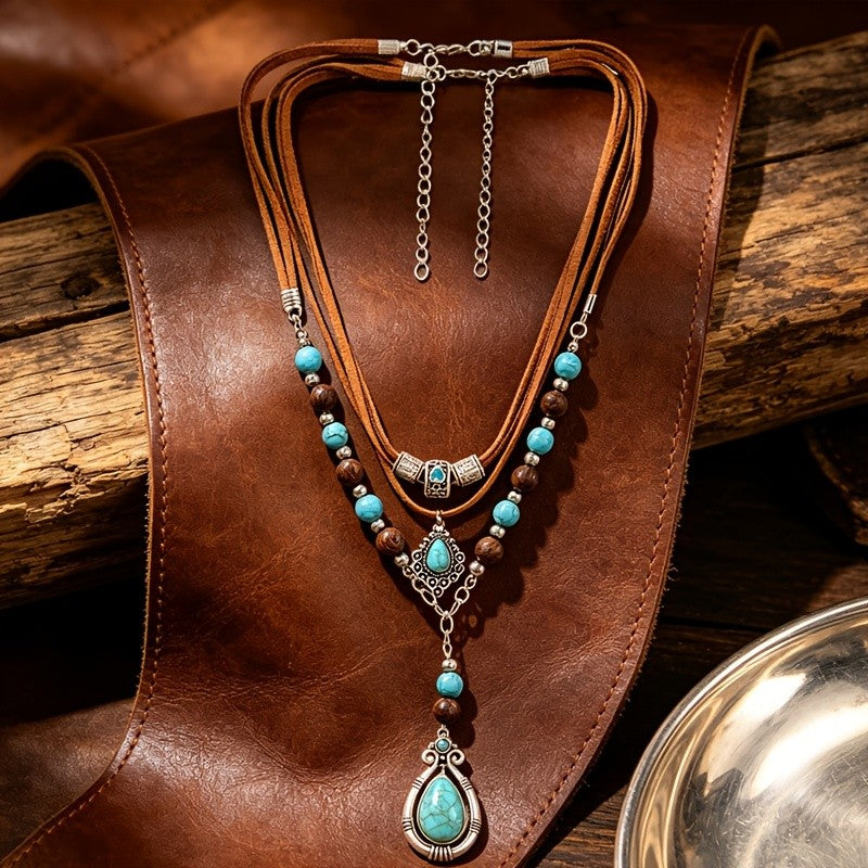 Boho Layered Turquoise Resin Cord Necklace
