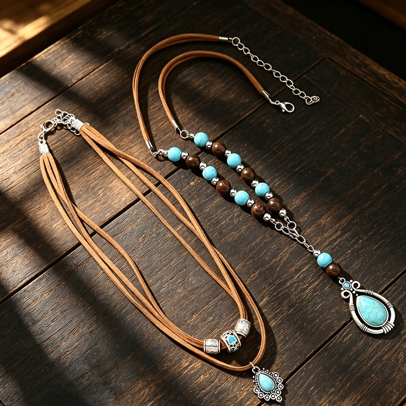 Boho Layered Turquoise Resin Cord Necklace