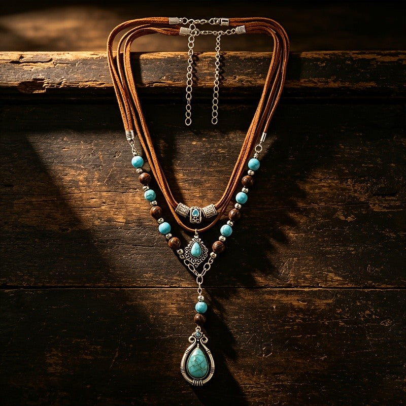 Boho Layered Turquoise Resin Cord Necklace