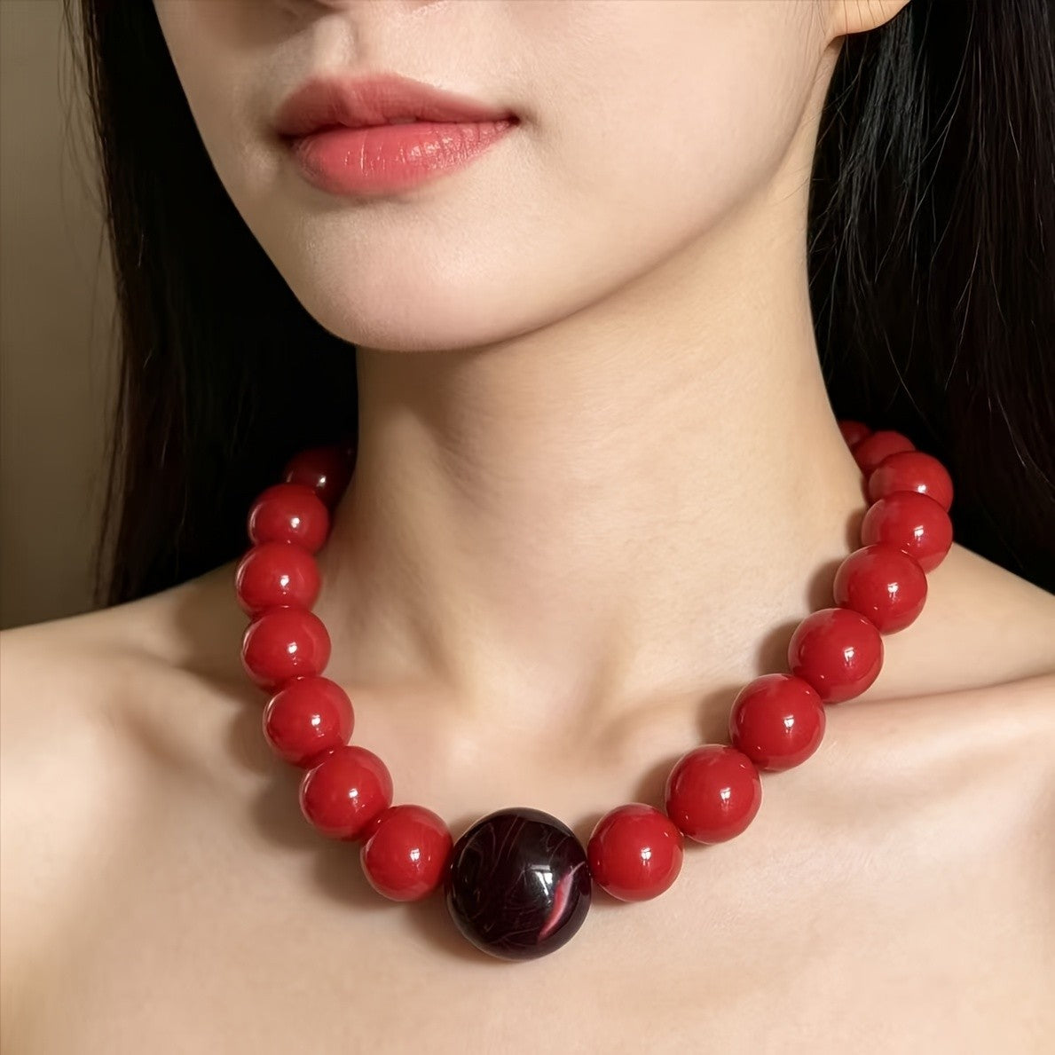 18k Boho Red Acrylic Bead Necklace