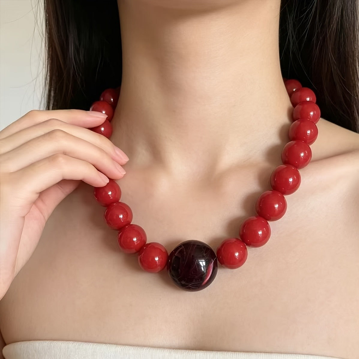 18k Boho Red Acrylic Bead Necklace