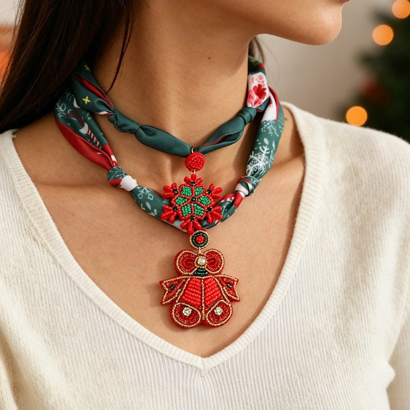 Festive Printed Scarf Snowflake Bow Necklace