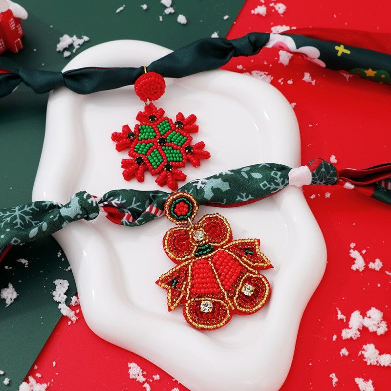 Festive Printed Scarf Snowflake Bow Necklace