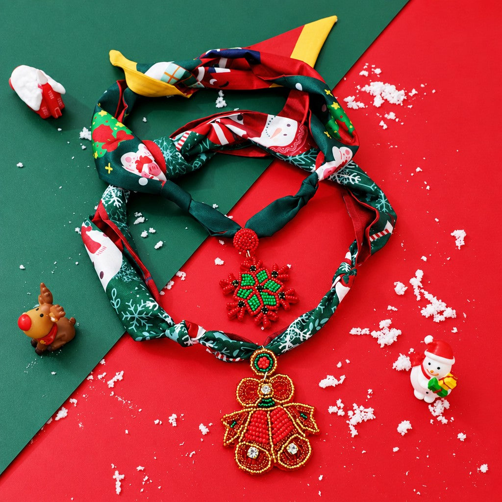 Festive Printed Scarf Snowflake Bow Necklace