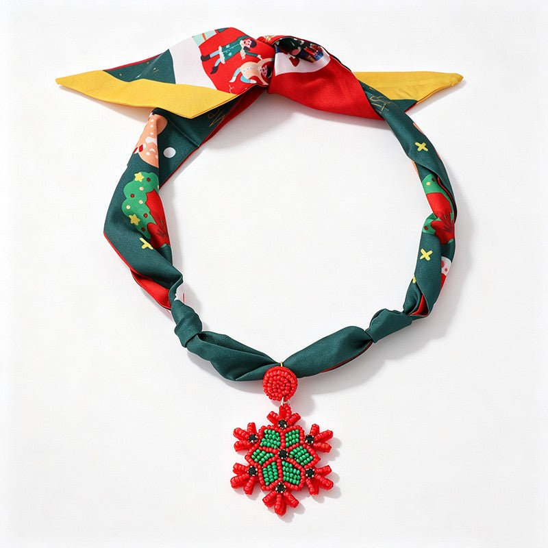 Festive Printed Scarf Snowflake Bow Necklace